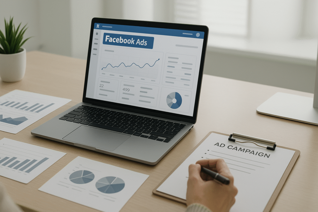 Team at Golgator managing Facebook ad campaigns for a local Dulles business using performance analytics and ad creatives.