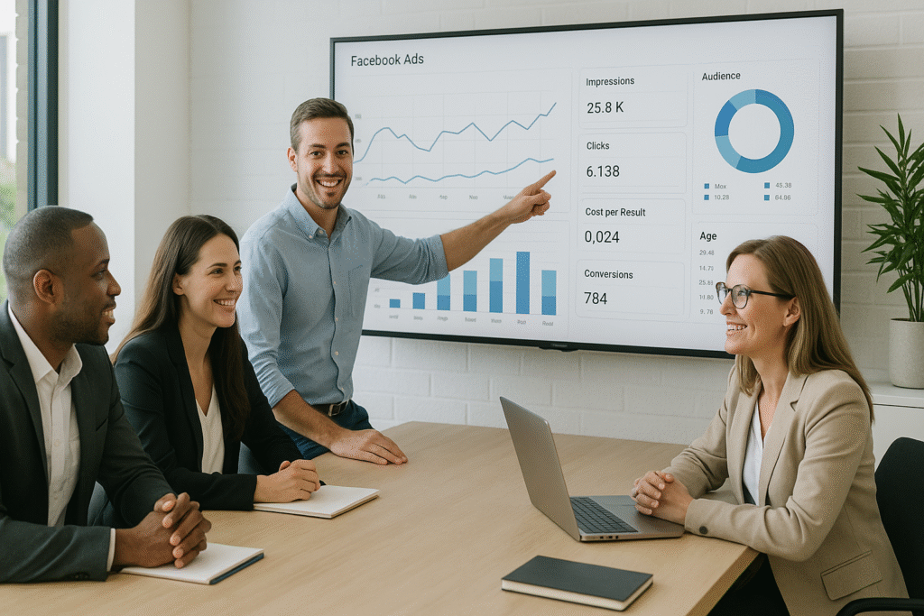 A team of digital marketers at Golgator collaborating with local Dulles business owners, reviewing Facebook ad campaign performance on a large screen in a modern office setting.