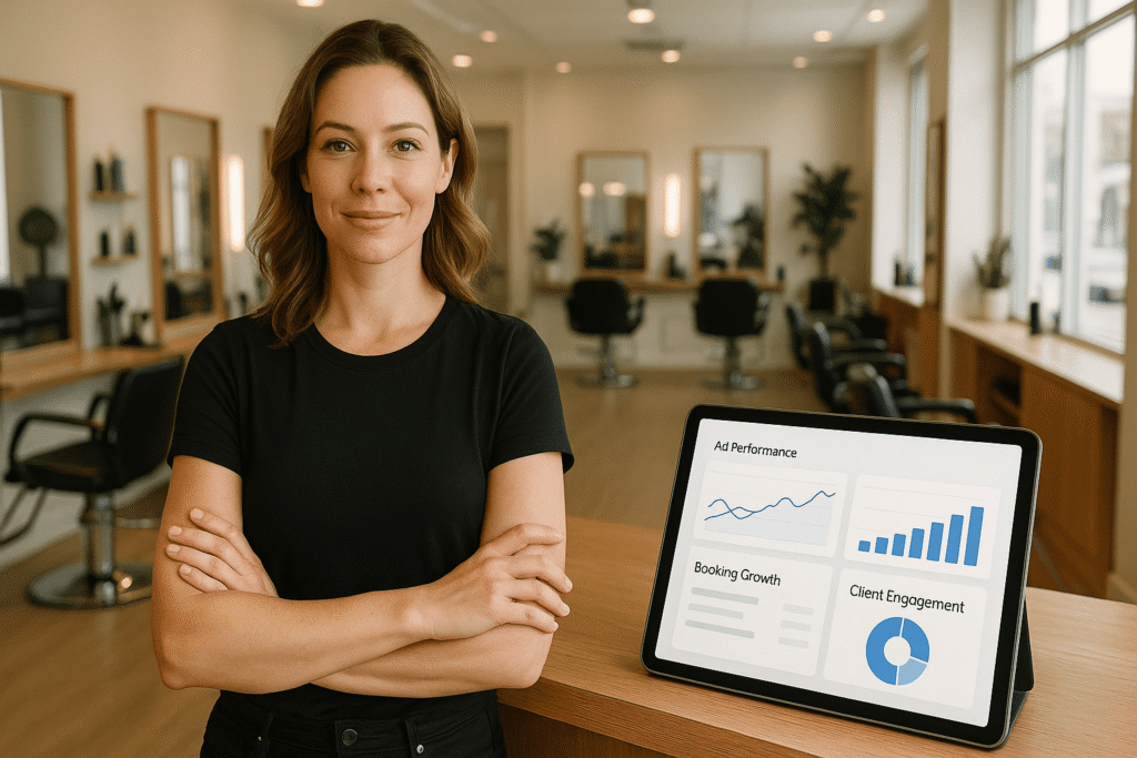A modern beauty salon showcasing growth with Facebook Ads analytics displayed on a digital screen, representing increased bookings and customer engagement.