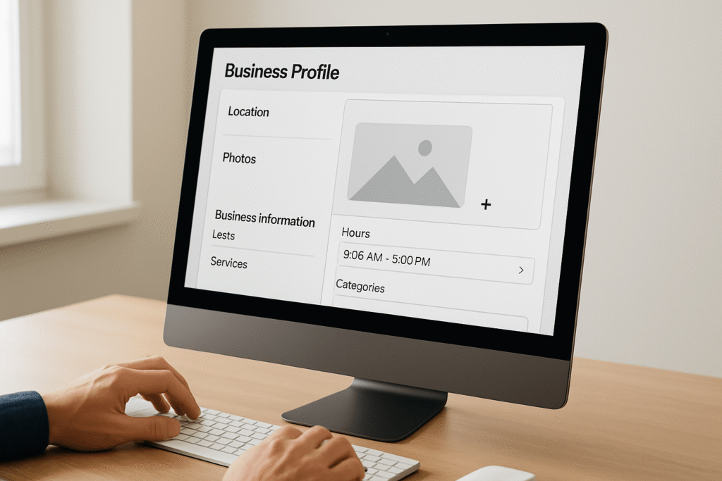 A small business owner managing their Google Business Profile on a laptop, updating hours, location, and uploading photos to improve local search visibility.