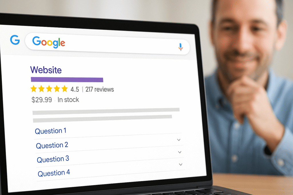 A web developer adding structured data code (Schema Markup) to a website’s HTML, enhancing search visibility and enabling rich snippets in Google results.