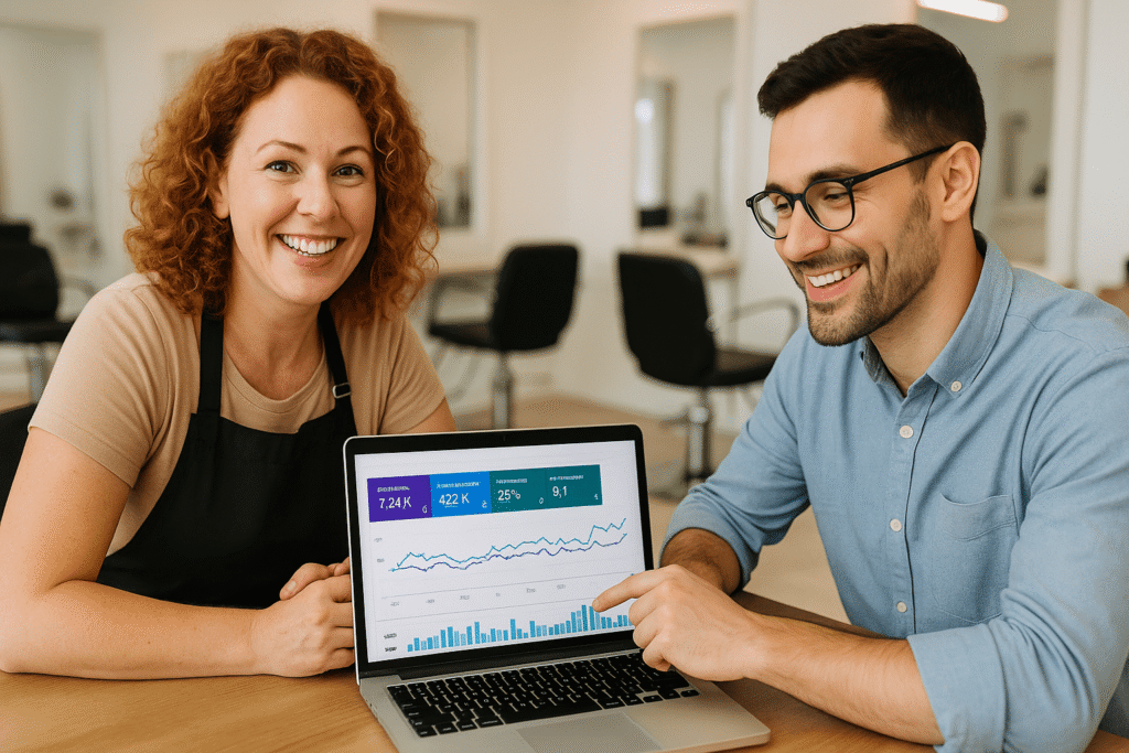 A confident hair salon owner in Aldie smiling while reviewing her website traffic growth with an SEO expert on a laptop, highlighting affordable success through local SEO.