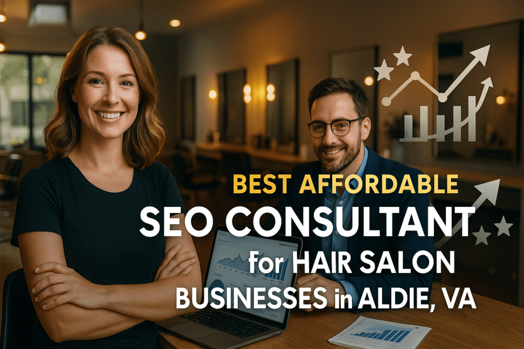 A confident hair salon owner in Aldie, VA standing beside an SEO consultant, reviewing digital growth charts on a laptop inside a stylish salon — reflecting affordable, expert local SEO support.