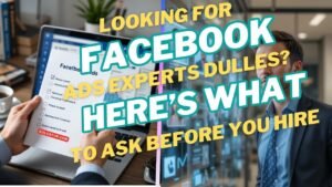 A focused Dulles business owner reviewing digital profiles of Facebook Ads experts, analyzing campaign results, targeting strategies, and performance metrics in a modern workspace.