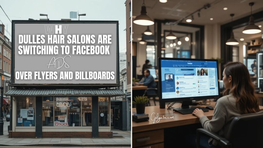 A modern Dulles hair salon owner reviewing Facebook Ads performance on a tablet while old flyers and an empty billboard sit unused in the background, symbolizing the shift to digital marketing.