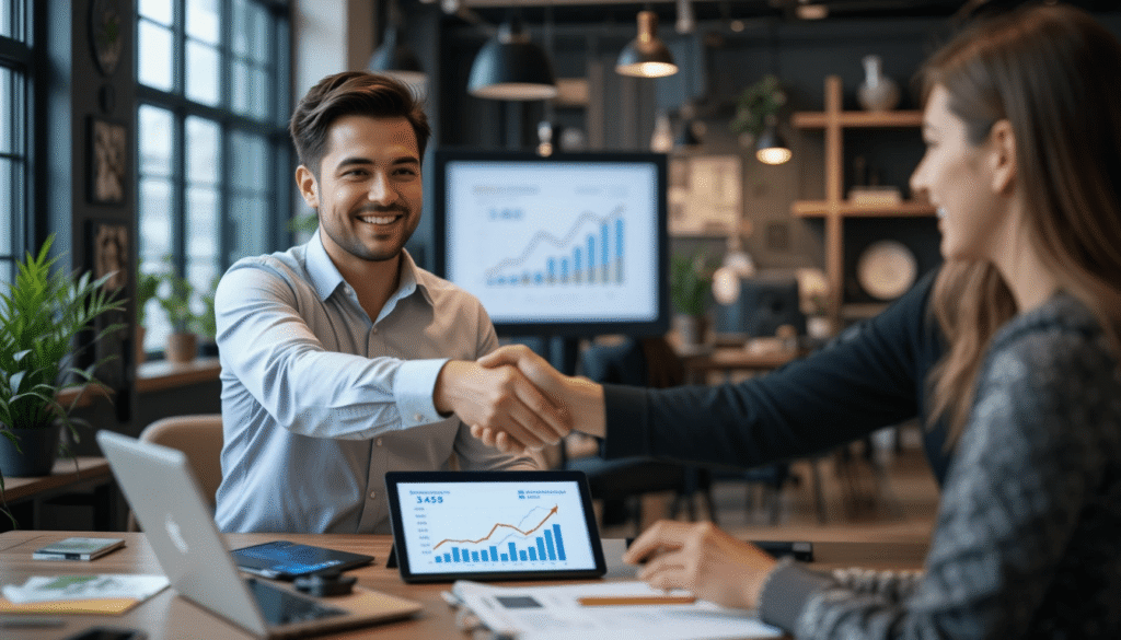 A digital marketing strategist from Golgator presenting a results-driven campaign dashboard to a satisfied small business client, showcasing successful ad performance and growth metrics in a modern office setting. 