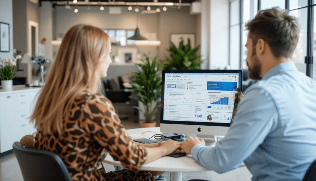 A local SEO consultant sitting with a salon owner, analyzing online search performance and optimizing the salon’s local listings, website, and review strategy on a laptop.