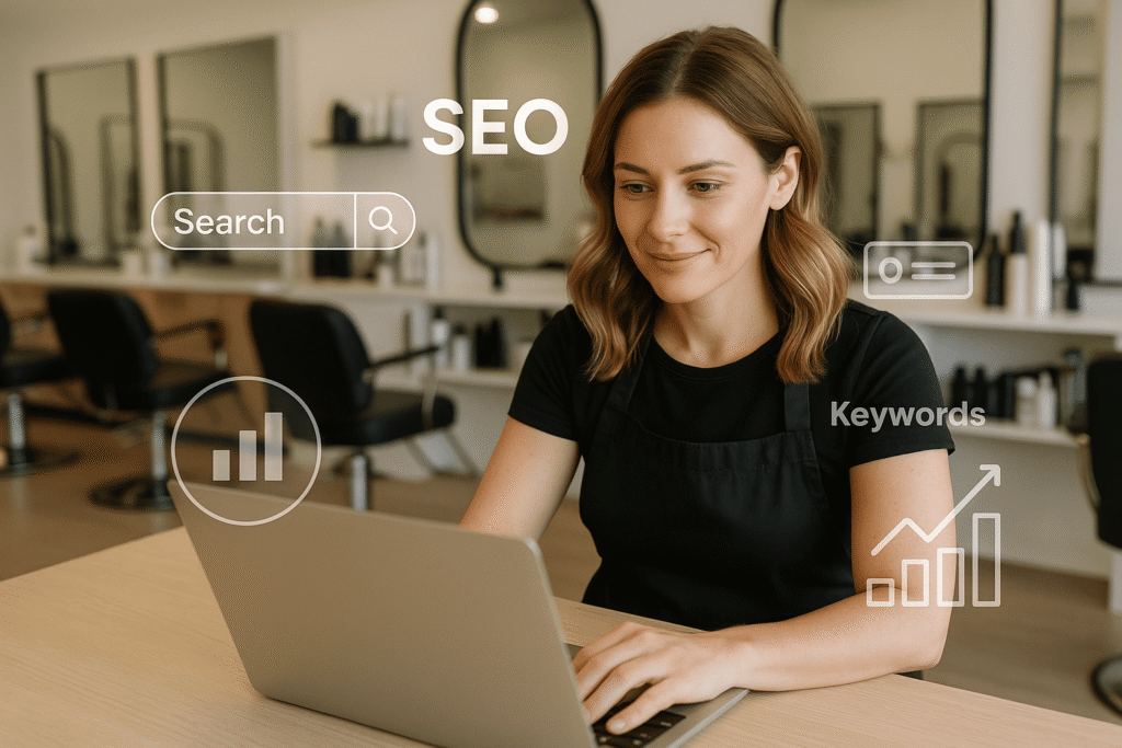 A hair salon owner reviewing SEO analytics with a consultant on a laptop, blending digital strategy with beauty business.