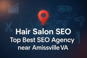 A modern digital graphic featuring a map pinpointing Amissville, VA, with SEO icons like search bars, charts, and beauty salon tools in the background. Text overlay reads: “Hair Salon SEO: Top Best SEO Agency near Amissville VA.”