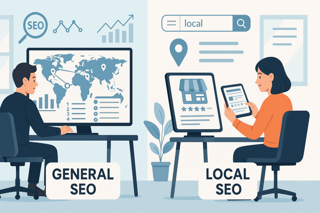 A 16:9 digital illustration showing a side-by-side comparison of general SEO with global analytics and local SEO with a city map, location pin, and mobile search results, visually highlighting the key differences between the two strategies.