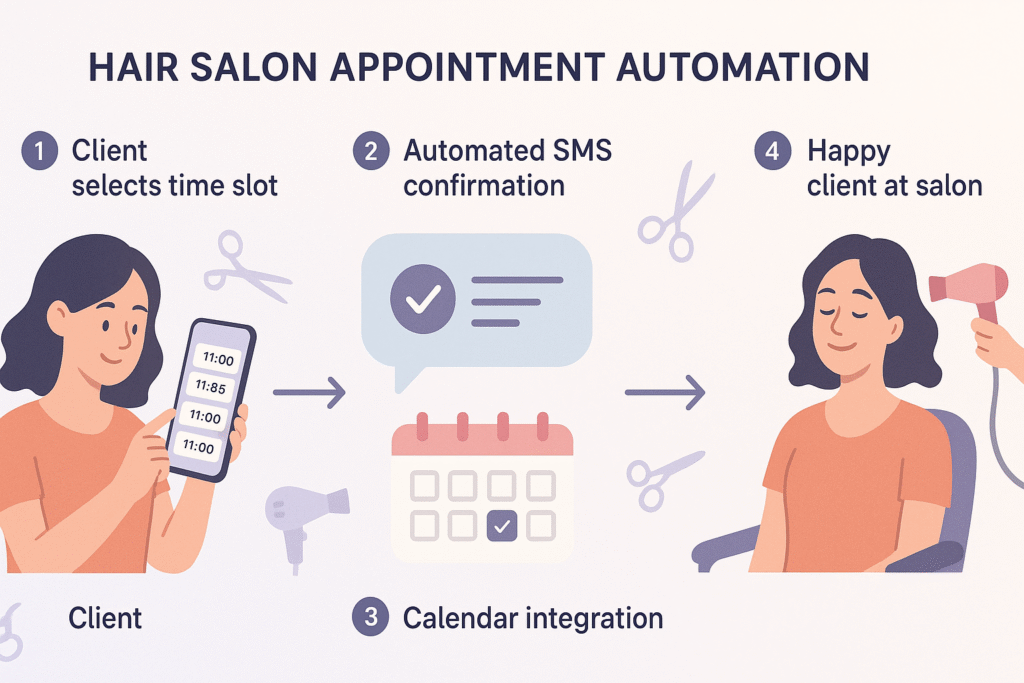 A step-by-step illustration of an automated hair salon booking process, showing a client using a phone, receiving booking confirmation, and visiting the salon.