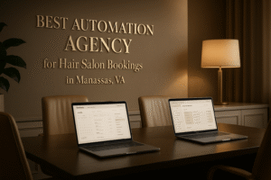 Premium modern digital marketing agency office with sleek laptops displaying hair salon booking dashboards, soft gold and white theme, cinematic lighting, high-end professional atmosphere.