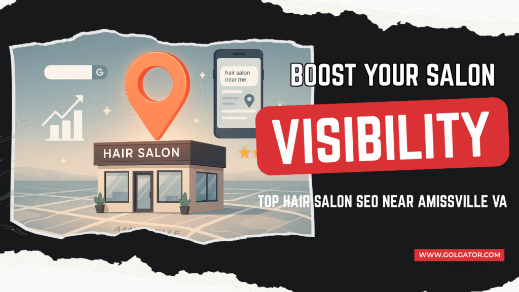 A modern salon with digital SEO icons such as search bars, local map pins, and rising charts overlaid, symbolizing increased online visibility and customer reach for a hair salon in Amissville, VA.