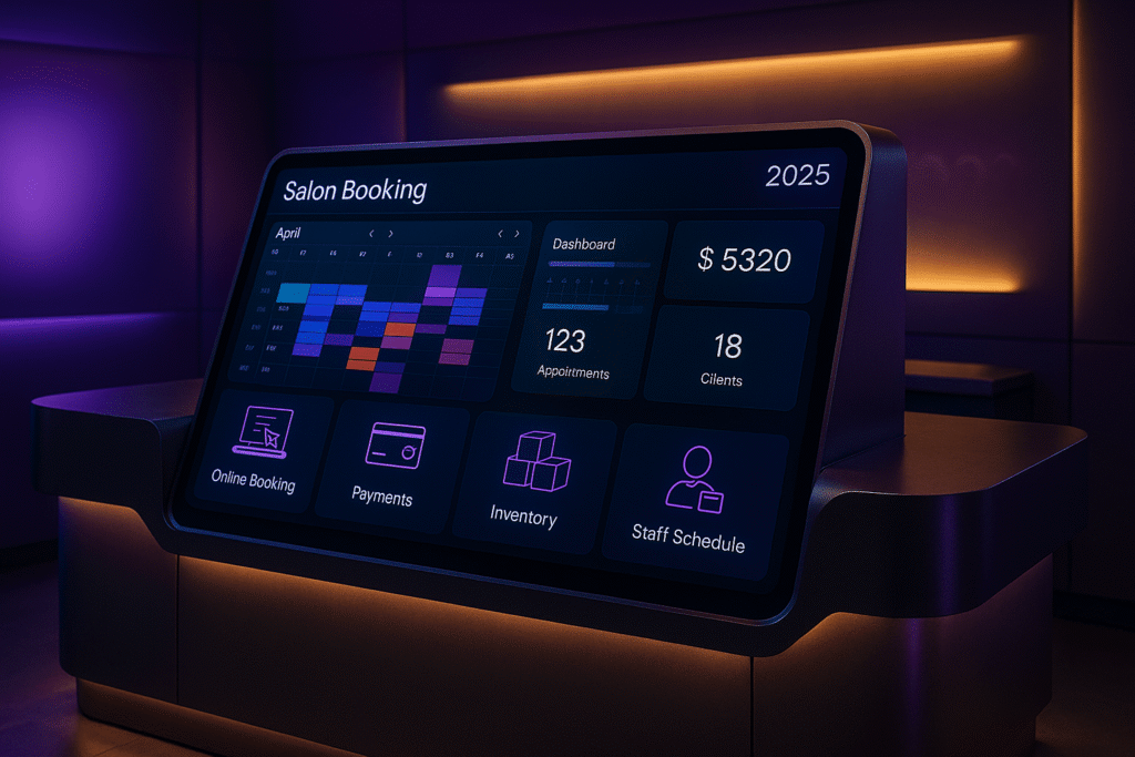 "Modern hair salon using advanced 2025 salon software on a large digital display, featuring booking, payment, inventory, and staff scheduling tools."