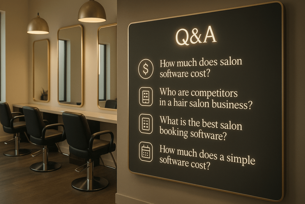 "Professional hair salon Q&A display answering common questions about salon software costs, competitors, and best booking platforms, in a sleek gold and white modern design."