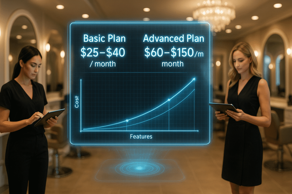Salon booking software pricing comparison showing basic and advanced plans with different features. 