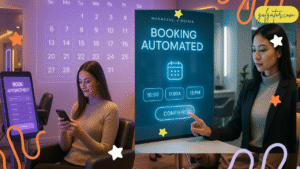 Modern hair salon in Manassas with clients booking appointments on digital screens and mobile apps, showing automation in 2025.