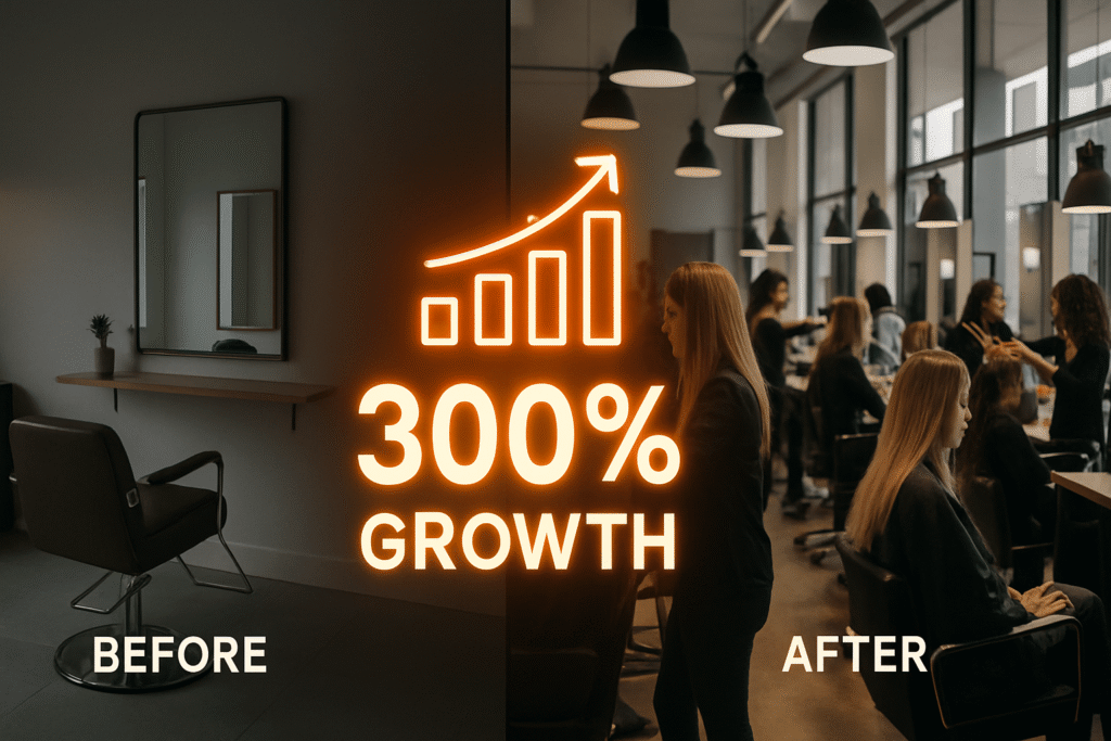 Before and after results of a hair salon showing 300% growth with bold infographic overlay. 