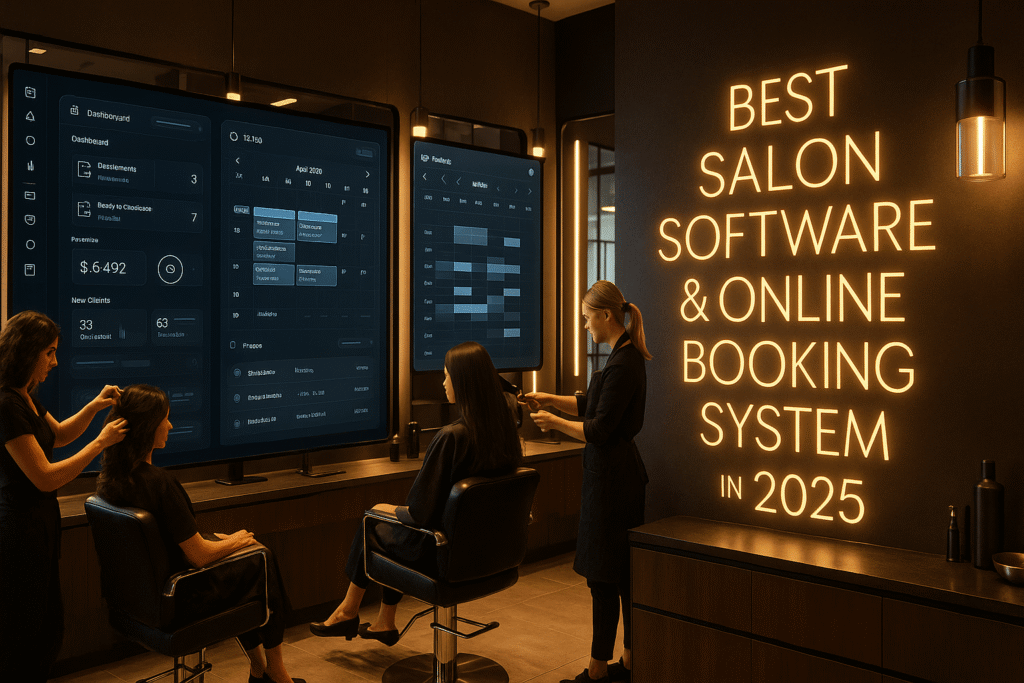 Modern beauty salon reception with sleek digital booking system and gold “Best Salon Software & Online Booking System in 2025” branding, showcasing advanced appointment scheduling tools.