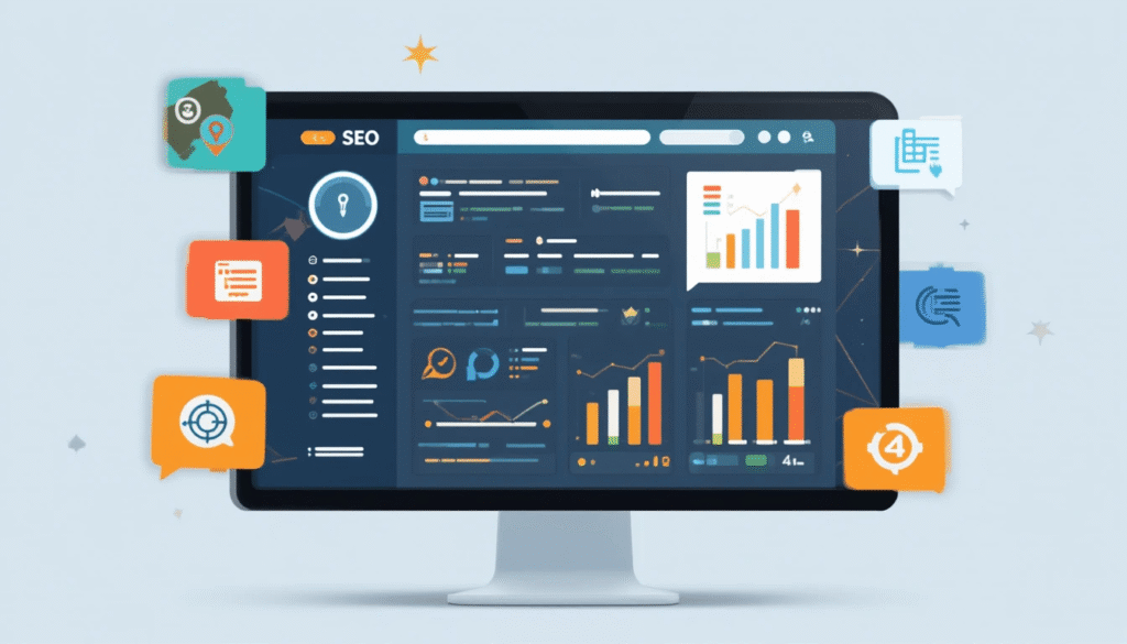 A modern digital illustration showing icons for SEO services such as website audits, keyword research, Google Business optimization, local backlinks, and monthly performance reports arranged around an analytics dashboard.